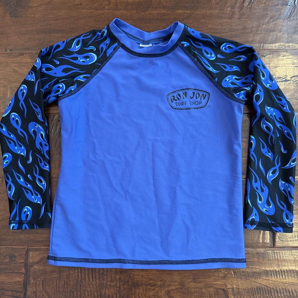 Ron Jon Surf Shop Swim Shirt Youth Size 8 Blue Compression Stretch Flames